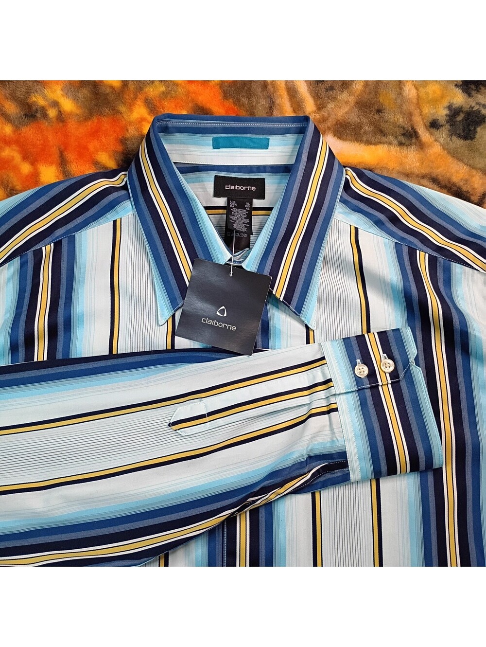 Claiborne Men's XL Striped Button-Up Dress Shirt Blue White Yellow